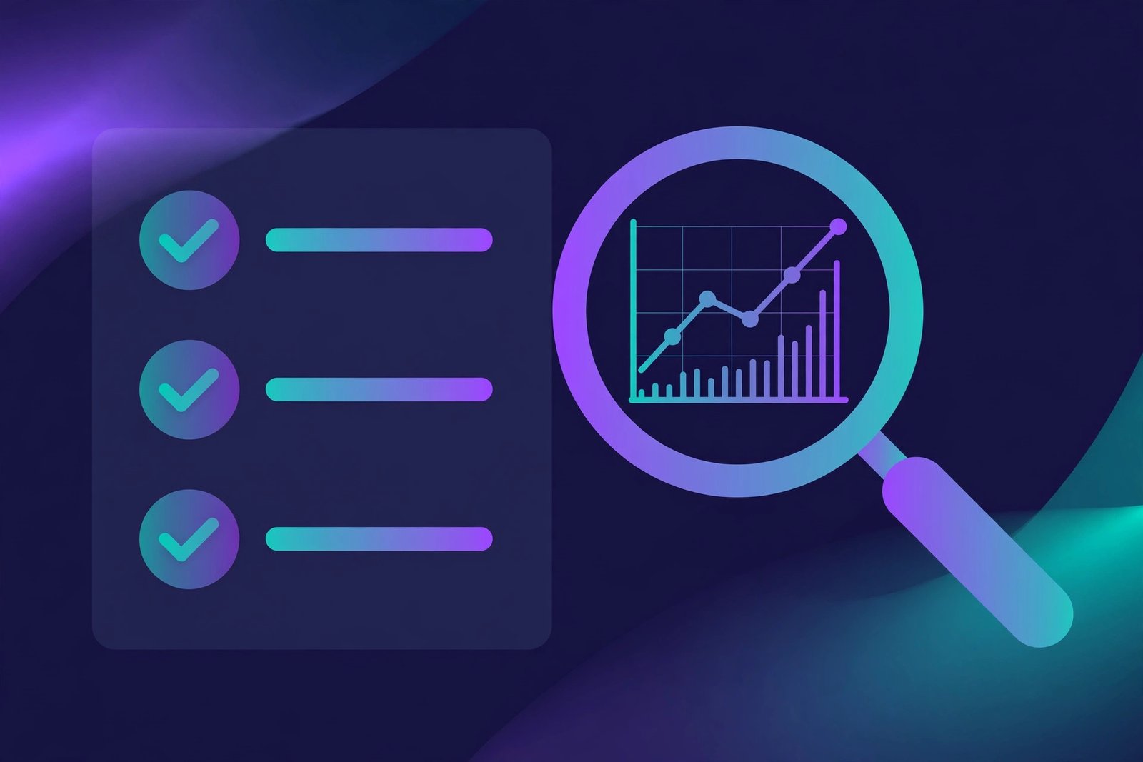 Checklist and magnifying glass examining a growth chart illustration